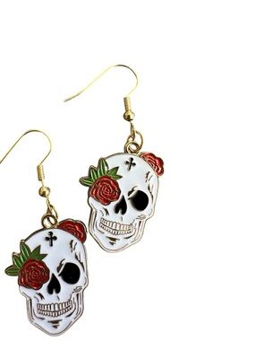 Botanical Flower Accented Skull Drop Earrings